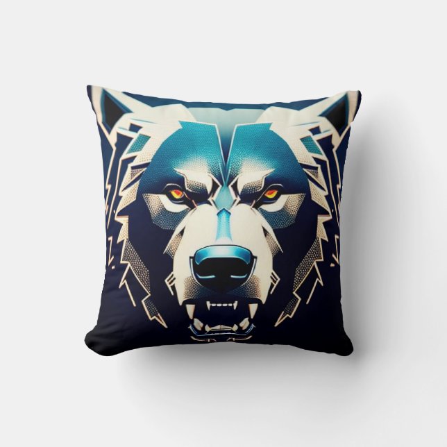 Coussin Art stylisé d'ours féroce avec reflets néon abstra (Recto)
