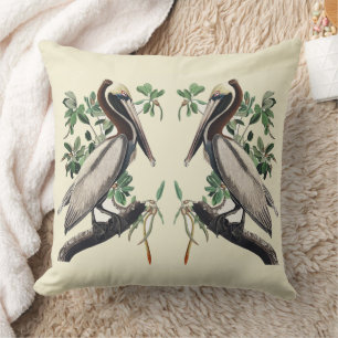 Coussin Art Vintage Audubon Pélican Brun Oiseau de Rivage