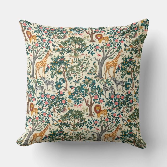 Coussin art vintage, girafes zébrées, flamants, oiseaux, l (Recto)