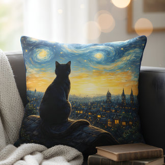 Coussin Artistic Black Cat & Celestial Town Decorative 