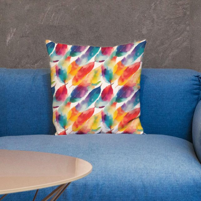 Coussin Artsy coloré Rainbow Feather Motif d'aquarelle (Créateur téléchargé)