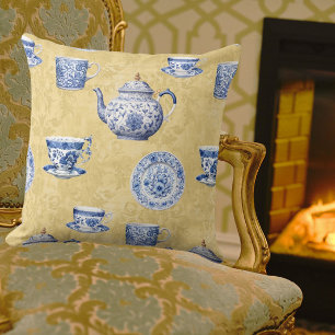 Coussin Assiettes bleues et blanches de chinoiserie vintag