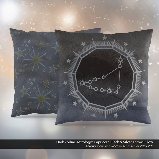Coussin Astrologie Zodiaque foncée : Capricorne Noir & Arg (Dark Zodiac Astrology: Capricorn Black & Square Silver Throw Pillow)
