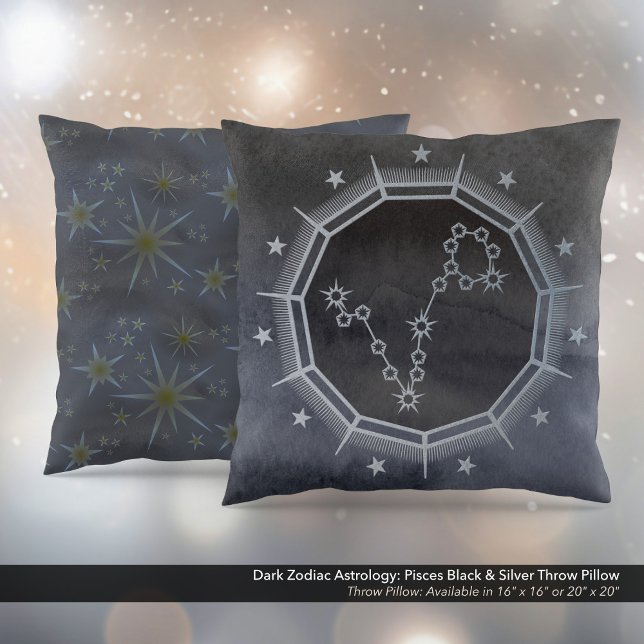 Coussin Astrologie Zodiaque foncée : Pisces Black & Silver (Dark Zodiac Astrology: Pisces Black & Silver Square Throw Pillow)