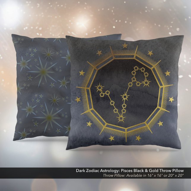 Coussin Astrologie Zodiaque foncée : Poissons Noir & Or (Dark Zodiac Astrology: Pisces Black & Gold Square Throw Pillow)