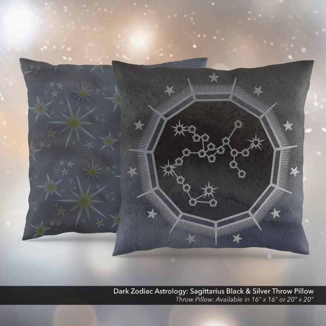 Coussin Astrologie Zodiaque foncée : Sagittaire Noir & Arg (Dark Zodiac Astrology: Sagittarius Black & Silver Square Throw Pillow)