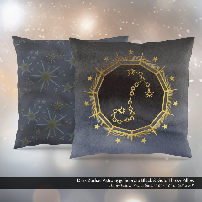 Coussin Astrologie Zodiaque foncée : Scorpio Noir & Or (Dark Zodiac Astrology: Scorpio Black & Gold Square Throw Pillow)