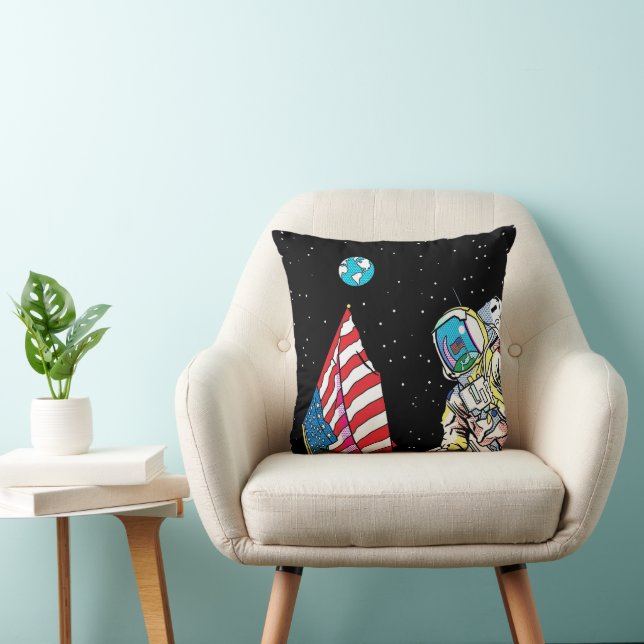 Coussin Astronaute d'Apollo avec Drapeau et Terre Pop Art (Chaise)