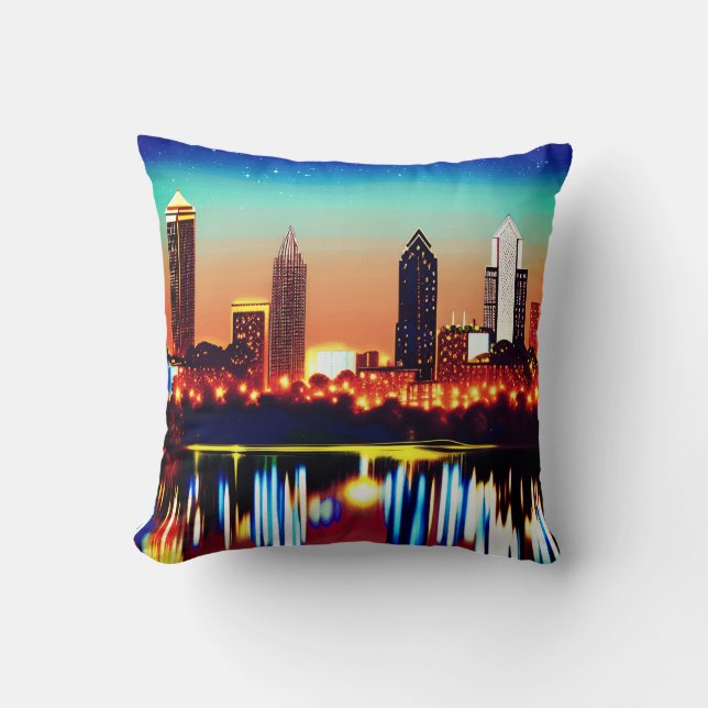 Coussin Atlanta Skyline par nuit avec réflexions (Recto)