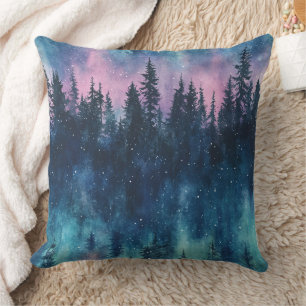 Coussin Aurore Boréale Nuit Ciel Forêt de Pins Lueur