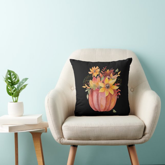 Coussin Automne Boho Citrouille d'aquarelle automne noir (Chaise)