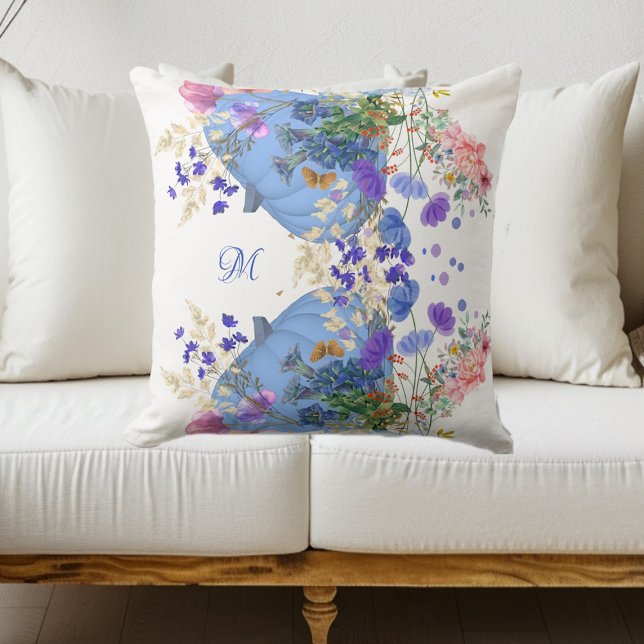 Coussin Automne Citrouille Pastel Bleu Botanique Flora Mon (Fall Pumpkin Pastel Blue Botanical Flora Monogram Throw Pillow)