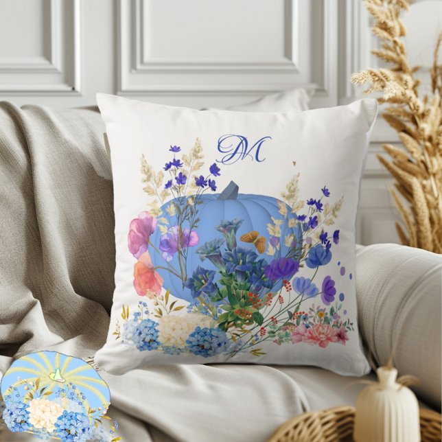 Coussin Automne Citrouille Pastel Bleu Botanique Flora Mon (Fall Pumpkin Pastel Blue Botanical Flora Monogram Throw Pillow)