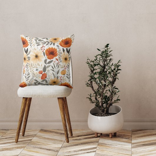 Coussin Automne Cute Orange Floral Motif Blanc
