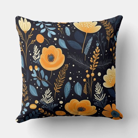 Coussin Automne Elegant Orange Fleurs Bleu Feuille Noir (Verso)