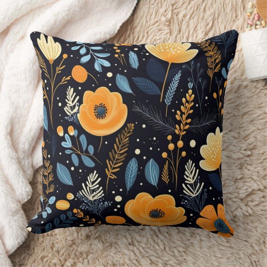 Coussin Automne Elegant Orange Fleurs Bleu Feuille Noir (Couverture)