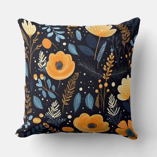 Coussin Automne Elegant Orange Fleurs Bleu Feuille Noir (Recto)