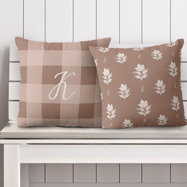 Coussin Automne Feuillage Automne Personnalisé Monogramme  (Autumn Fall Foliage Custom Monogram & Taupe Plaid Throw Pillow)