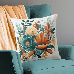 Coussin Automne Fleurs d'automne Bohème Turquoise Orange