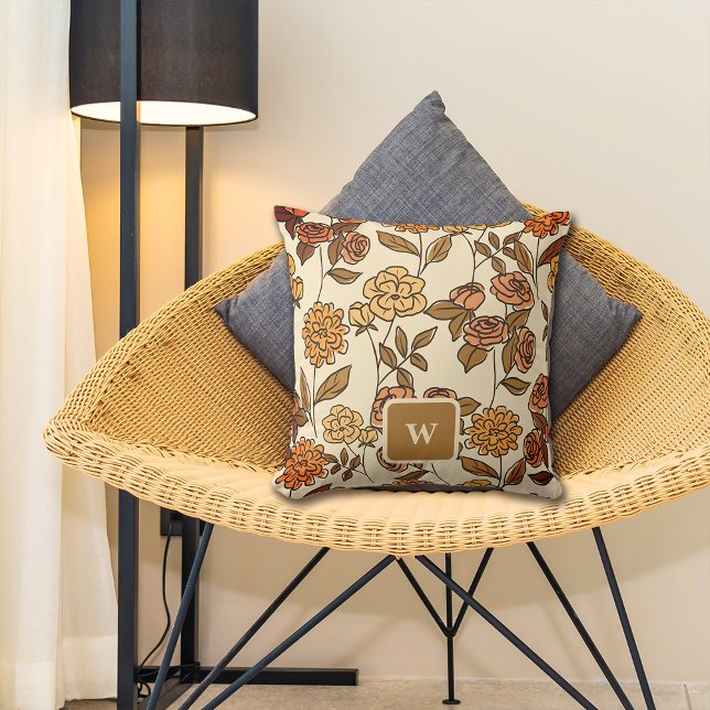 Coussin Automne Fleurs exotiques Personnaliser Monogramme (Créateur téléchargé)