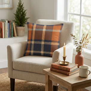 Coussin Automne orange et bleu plaid