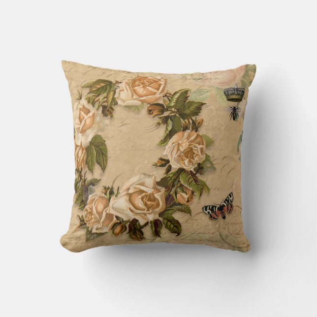 Coussin Automne Rose Floral Bouquet Fleurs Bee n Ephemera (Recto)