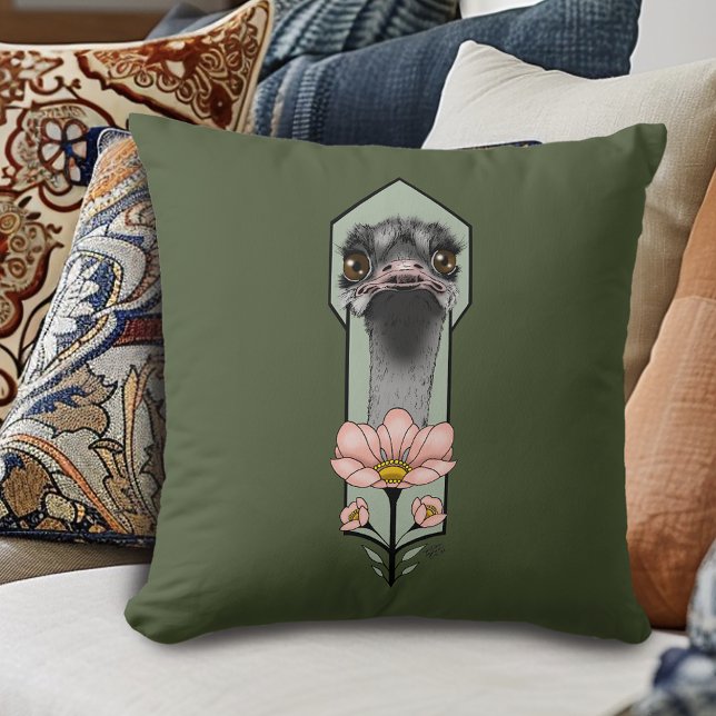 Coussin Autruche Rose Fleurs Vert Olive Art Déco (Créateur téléchargé)