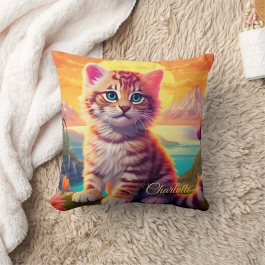 Coussin 😺 Avec nom Beau chat avec coucher de soleil (Couverture)