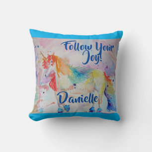 Coussin avec nom d'enfant Licorne Arc-en-ciel Aqua