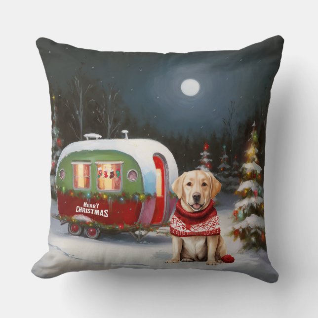 Coussin Aventure de Noël Caravane Labrador d'hiver (Recto)