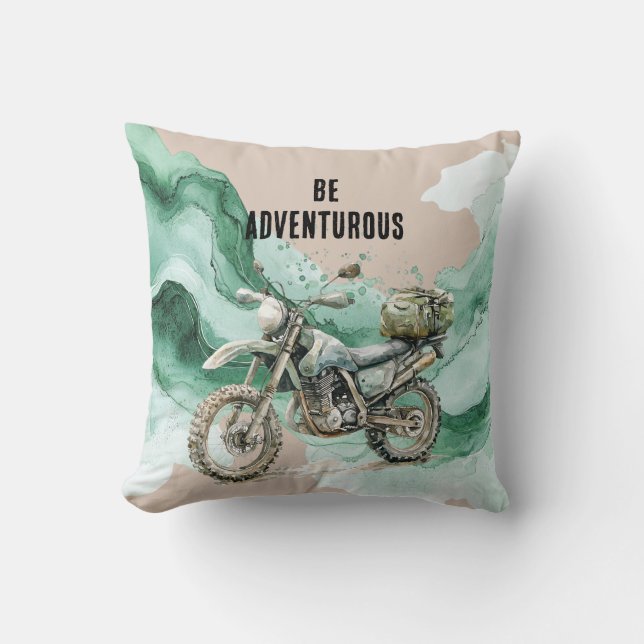 Coussin Aventure en moto vert crème (Recto)