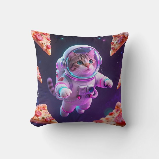 Coussin Aventure spatiale de pizza avec un chat astronaute (Recto)