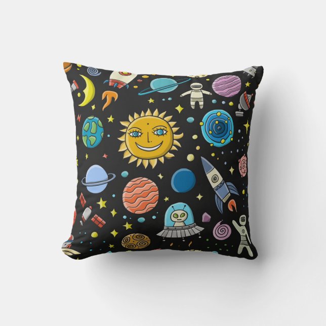Coussin Aventure spatiale : planètes, motif de fusées. (Recto)