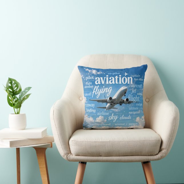 Coussin Avion volant dans un nuage de mots (Chaise)