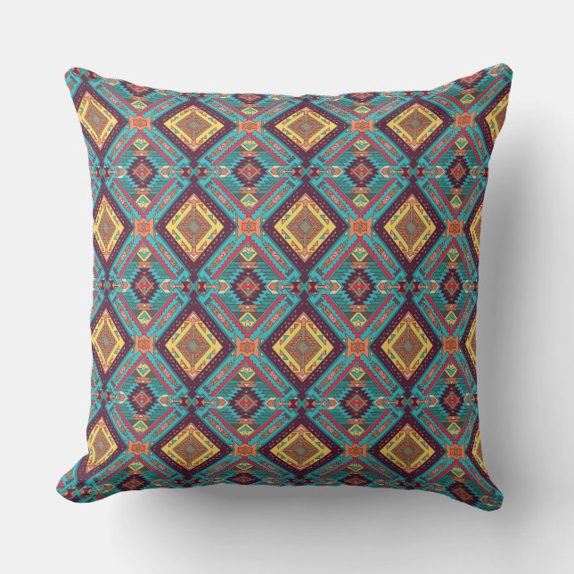 Coussin Aztec Carreaux Turquoise Et Jaune (Recto)
