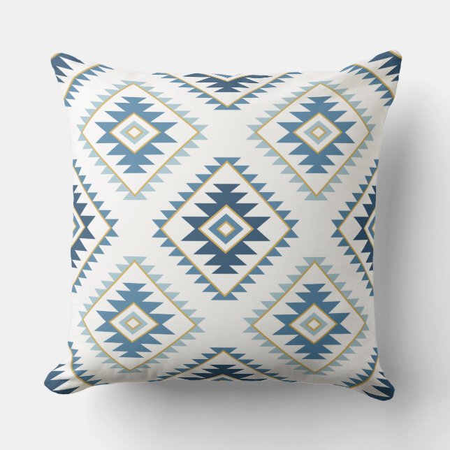 Coussin Aztec Style Motif Big Motif Blues White Gold (Recto)