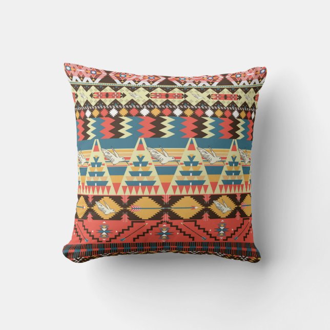 Coussin Aztèque coloré : oiseaux, fleurs motif. (Recto)