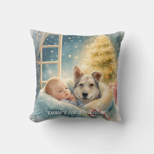 Coussin Baby & Blue-Eyed Pup Christmas Pillow (Recto)