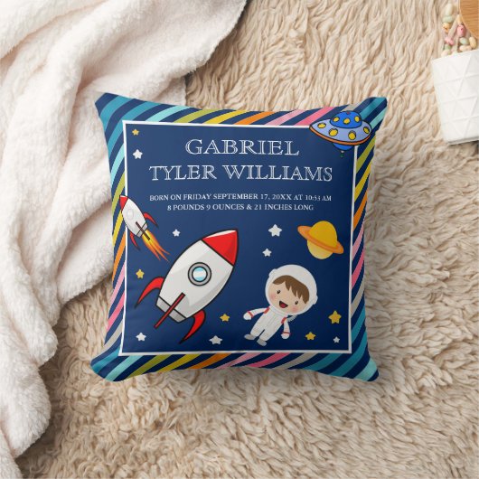 Coussin Baby Boy Astronaute Outer Space Rocket Birth Stats (Couverture)