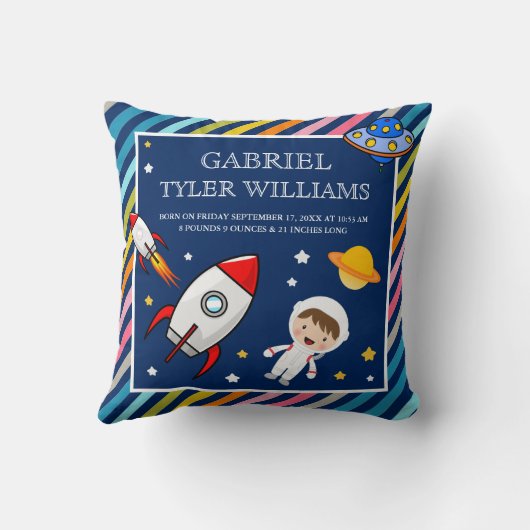 Coussin Baby Boy Astronaute Outer Space Rocket Birth Stats (Verso)
