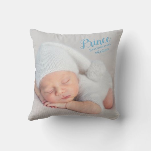 Coussin Baby Boy Blue Script Photo Birth Keepsaké Nursery (Verso)