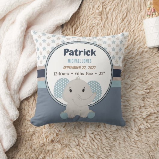Coussin Baby Boy Elephant Nom personnalisé Statistiques de (Couverture)