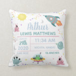 Coussin Baby Boy mignon Espace moderne Alien Statistiques<br><div class="desc">Ces statistiques de naissance de bébé mignonnes et modernes jettent oreiller avec des dessins humoristiques de l'espace alien, avec des fusées, des aliens, des soleils, des lunes et des étoiles, et peuvent être personnalisés avec le nom complet de votre bébé garçon, la date de naissance, le lieu de naissance, le...</div>