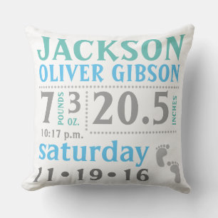 Coussin Baby boy Statistiques Faire-part bleu vert gris Co