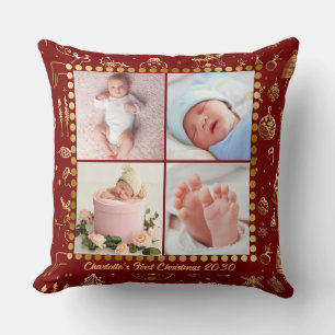 Coussin Baby First Christmas Magical Gold Snowflakes Photo