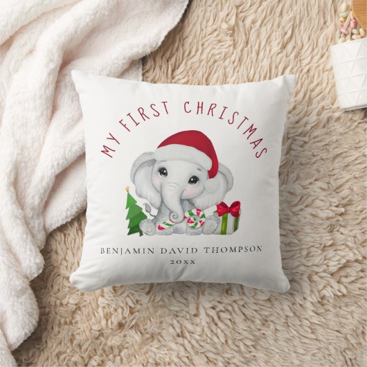 Coussin Baby First Christmas Photo Name Cute Elephant (Couverture)