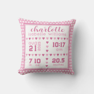Coussin Baby Girl Coeur Faire-part de naissance Jeter Orei