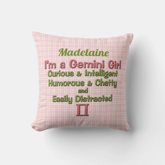 Coussin Baby Girl Gemini Zodiac rose et vert avec nom (Recto)