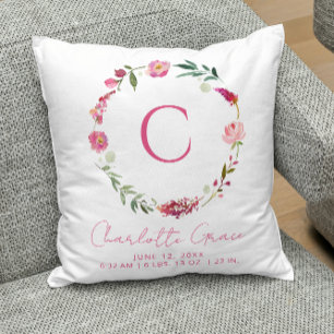 Coussin Baby Girl Monogramme Statistiques de naissance Pin