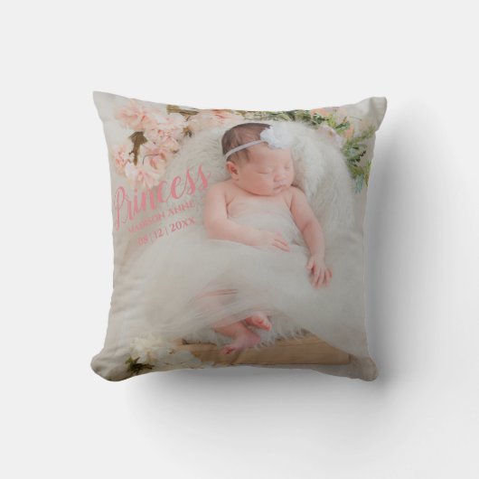 Coussin Baby Girl Pink Script Photo Birth Keepsaké (Recto)